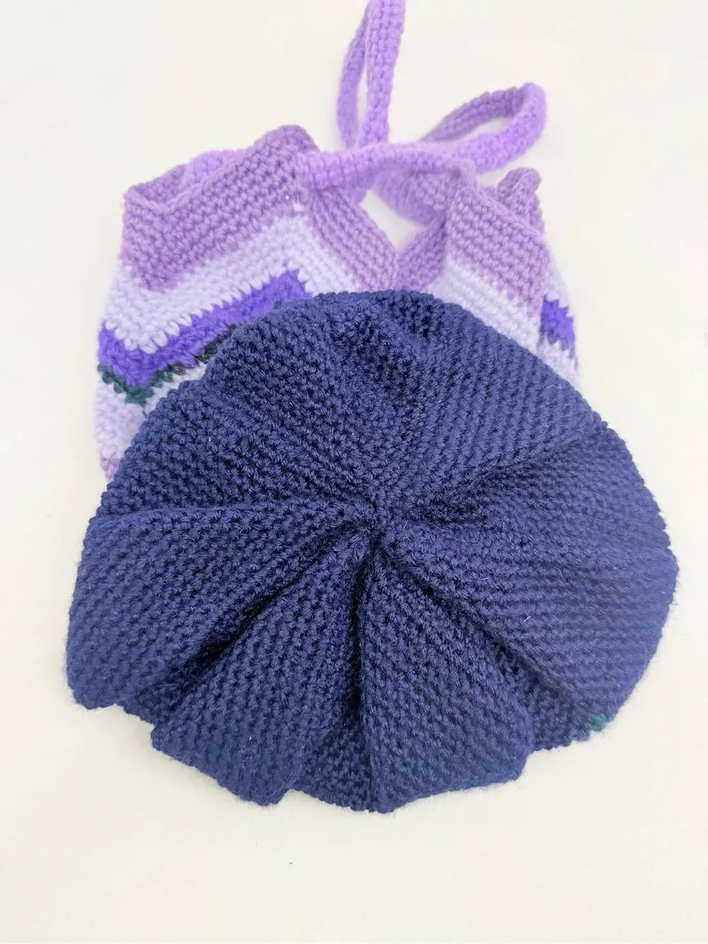 Hand Crafted Purple Striped Knit Tulip Shape Drawstring Strap Hobo Slouch Bag
